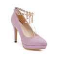 Women's blue platform stiletto high heels with pointed toe and special fabric upper.