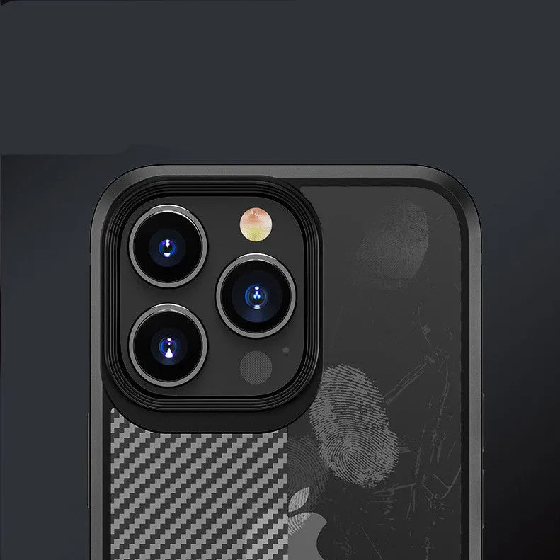 Black and blue anti-fall TPU+PC phone cases for iPhone 13 series with carbon fibre pattern.