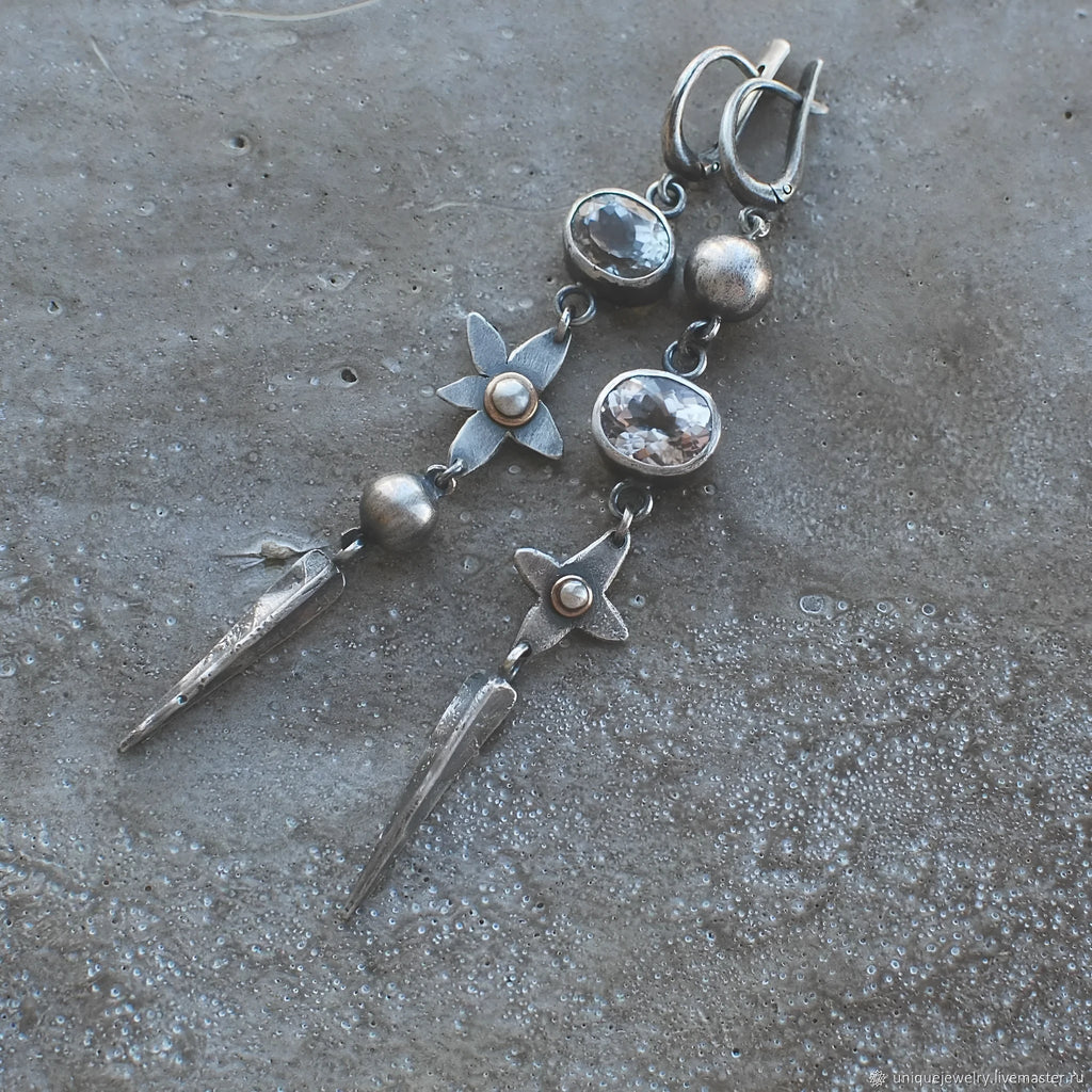 Geometric xingx design pendant earrings with rhinestone accents in antique silver finish