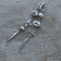 Geometric xingx design pendant earrings with rhinestone accents in antique silver finish