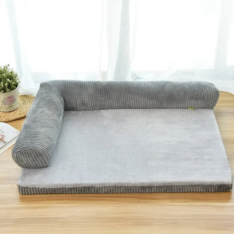 Corduroy dog sofa bed with bolsters in grey colour showing high-density sponge construction