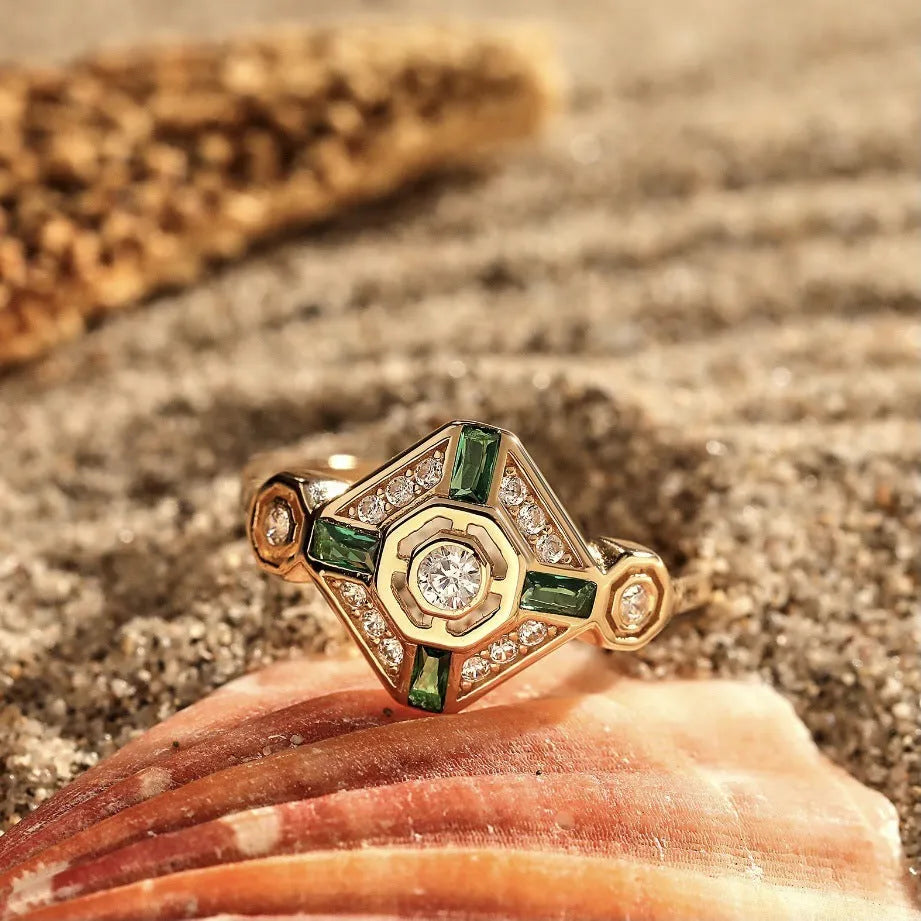 Women's emerald square geometric ring in Ins style with electroplated finish