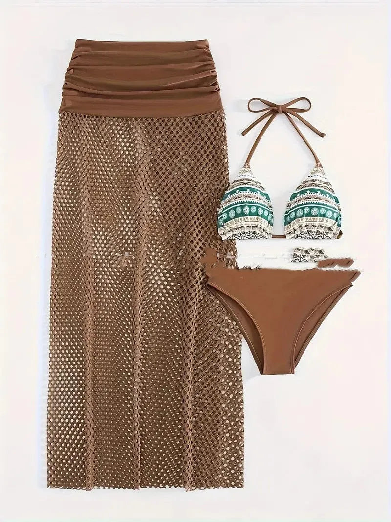 Women's three-piece bikini set with fishnet long skirt in gradient colours