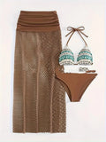 Women's three-piece bikini set with fishnet long skirt in gradient colours