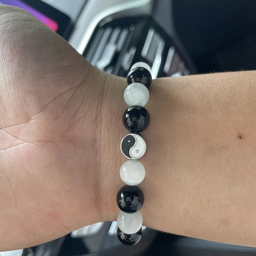 10mm natural opal Tai Chi bracelet with black agate ornamental elements in Chinese style