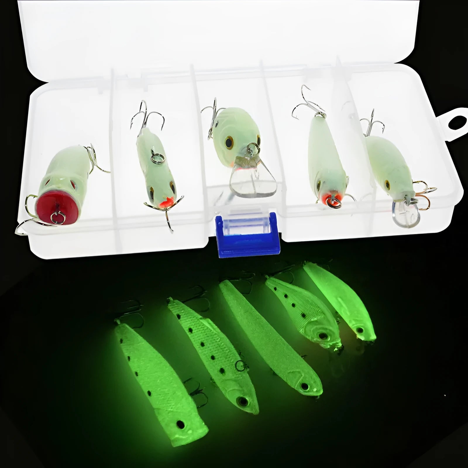 Set of five 3D fluorescent simulation hard bait fishing lures with submerged luminous design