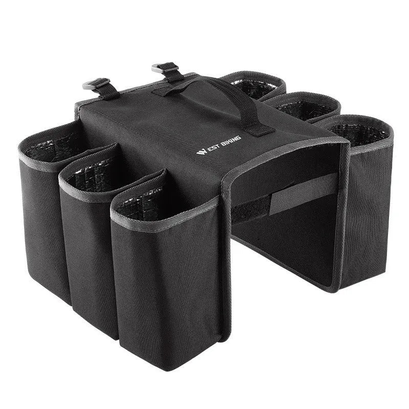 Black bicycle drink storage bag mounted on handlebars showing double-sided design and 2 litre capacity