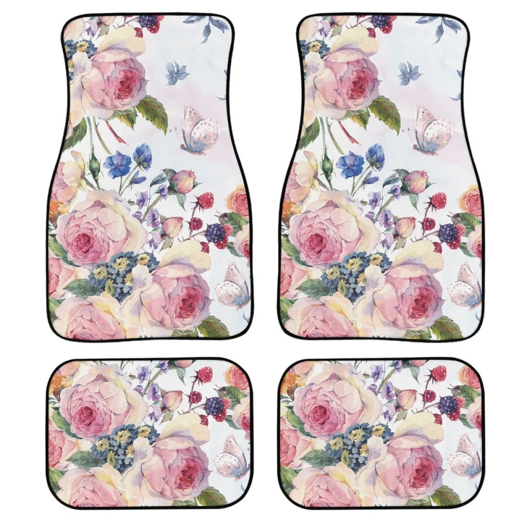 Black printed rubber car foot mat set, four pieces shown, 20mm thick waterproof lining.