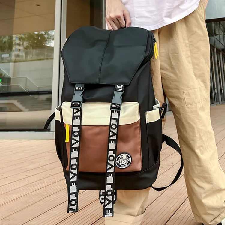 Oxford cloth backpack in black showing handheld, shoulder, and dual-strap carrying options.