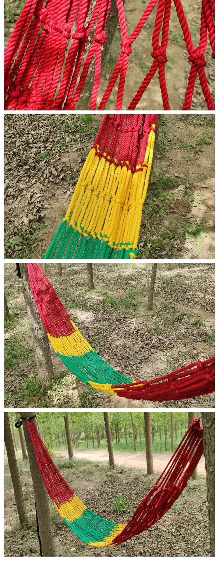 Outdoor nylon rope mesh hammock hung between two trees showing its open weave and supplied tying hardware.