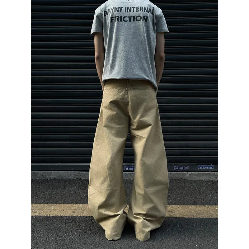 Men's khaki straight leg cotton casual trousers shown in solid colour with straight leg silhouette
