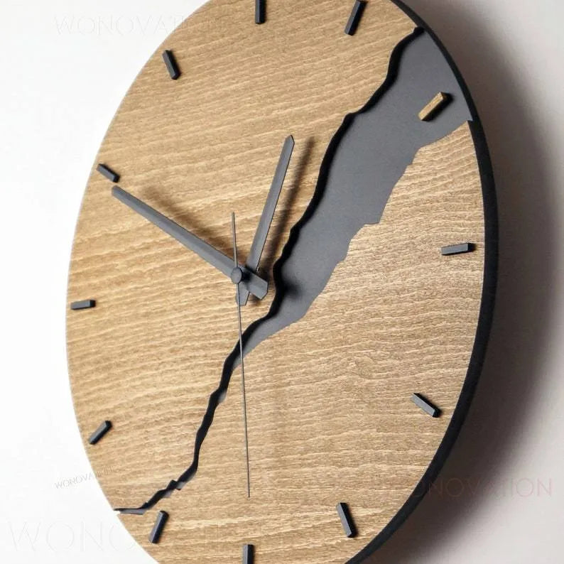 Modern simple wooden wall clock with a creative crack pattern design in a choice of five colours.
