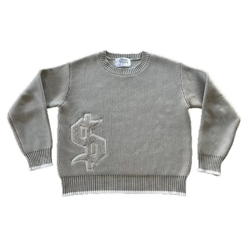 Grey jacquard knitwear coat with loose fit and long sleeves
