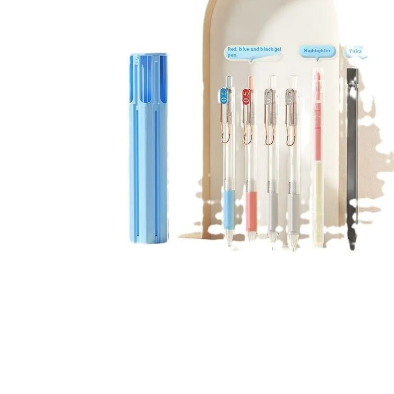 A pressing pen next to a Sky Blue plastic pencil case from a six-pen or sixteen-pen kit.