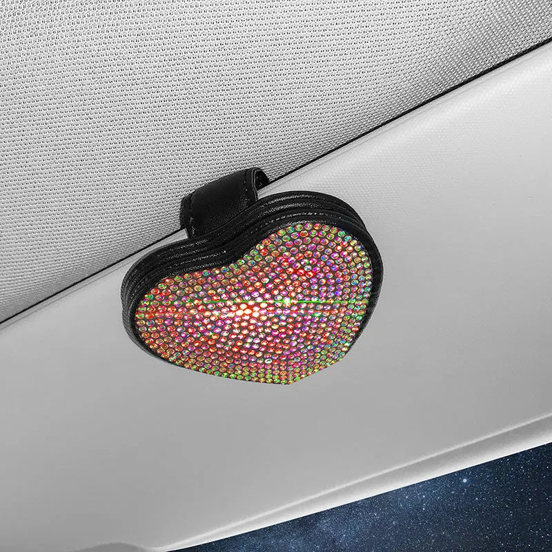 PU leather car sun visor clip with diamond decoration and magnetic closure, shown in multiple colours.