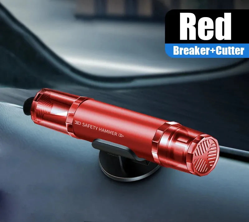 Black and red aluminium alloy car safety hammer with tungsten steel window breaker tip and hidden seat belt cutter.