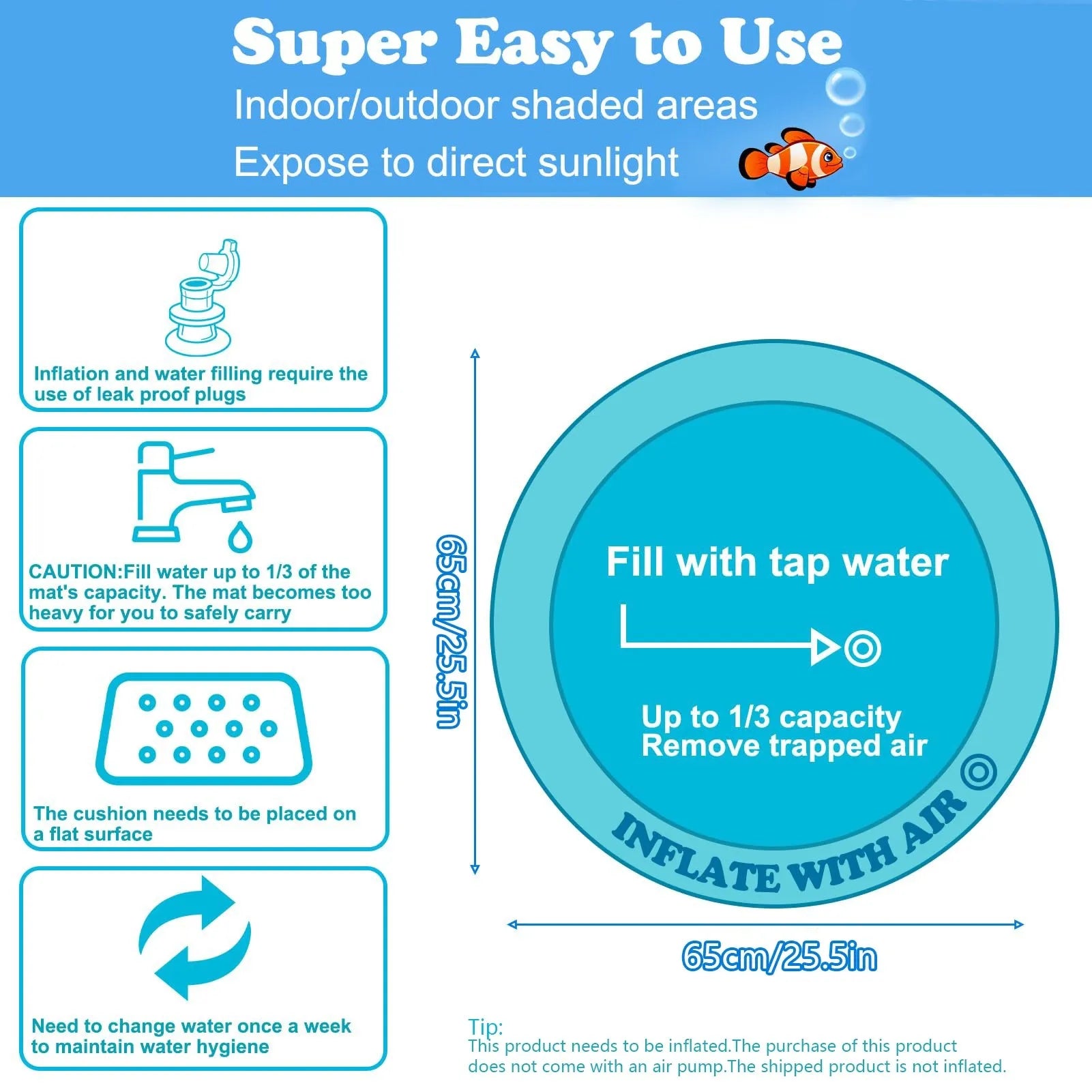 Large blue square water play mat for cats with floating fish toys inside, on a floor.