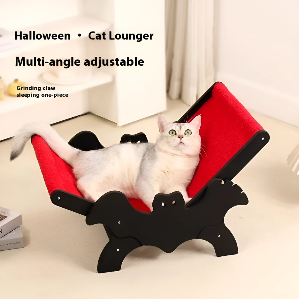Solid wooden cat lounge chair with bat-wing Halloween design in black and red colours