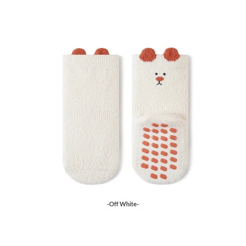Cartoon fleece-lined children's socks in khaki with mid-calf shaft height