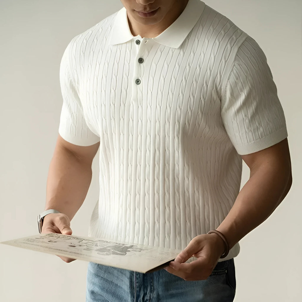 Men's khaki short-sleeve business top on a hanger, showing front design.