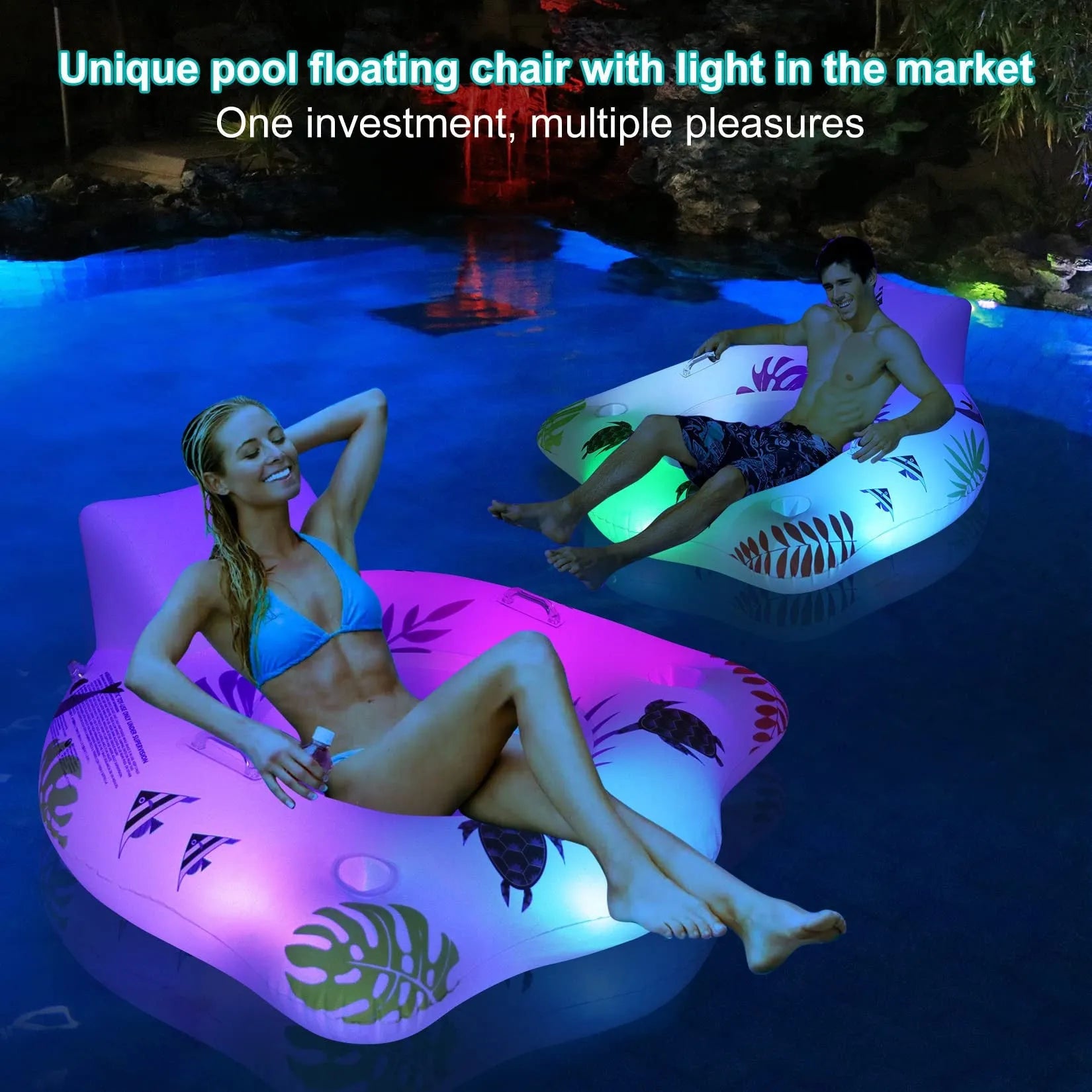 White U-shaped inflatable pool float with LED lights, 120 cm square