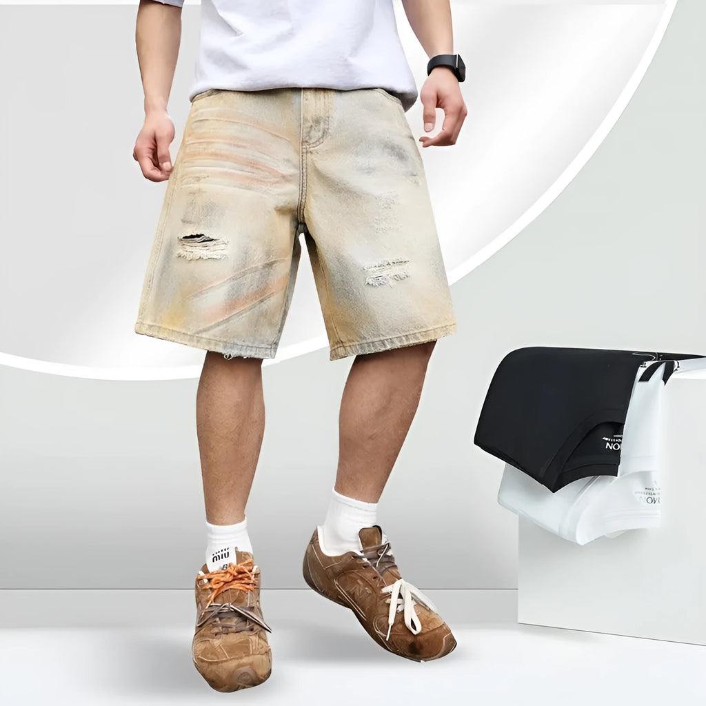 Light blue men's denim shorts with a washed finish and ripped detailing on a straight-leg cut.