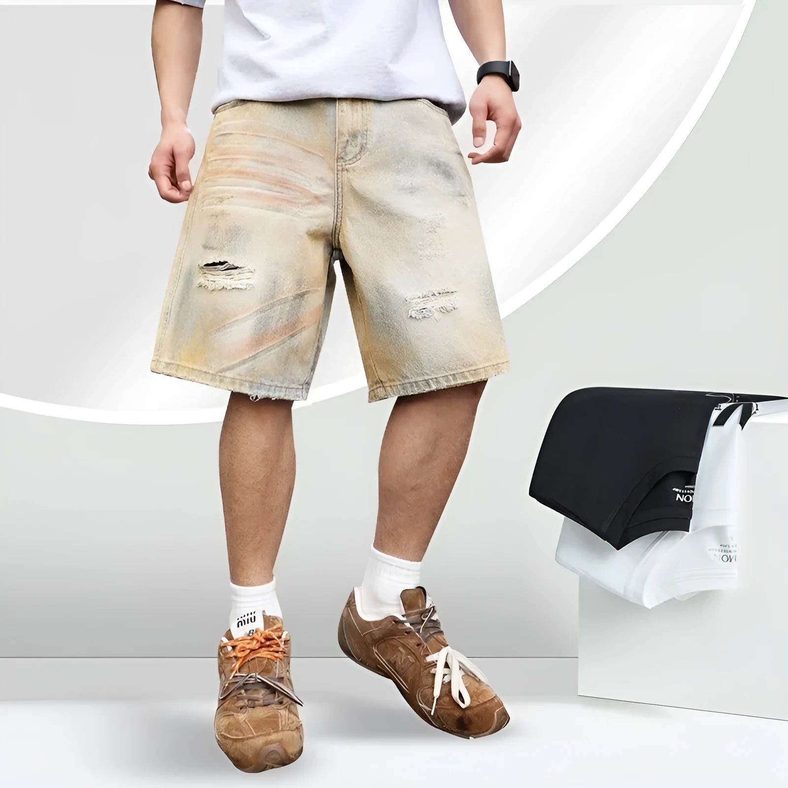 Light blue men's denim shorts with a washed finish and ripped detailing on a straight-leg cut.
