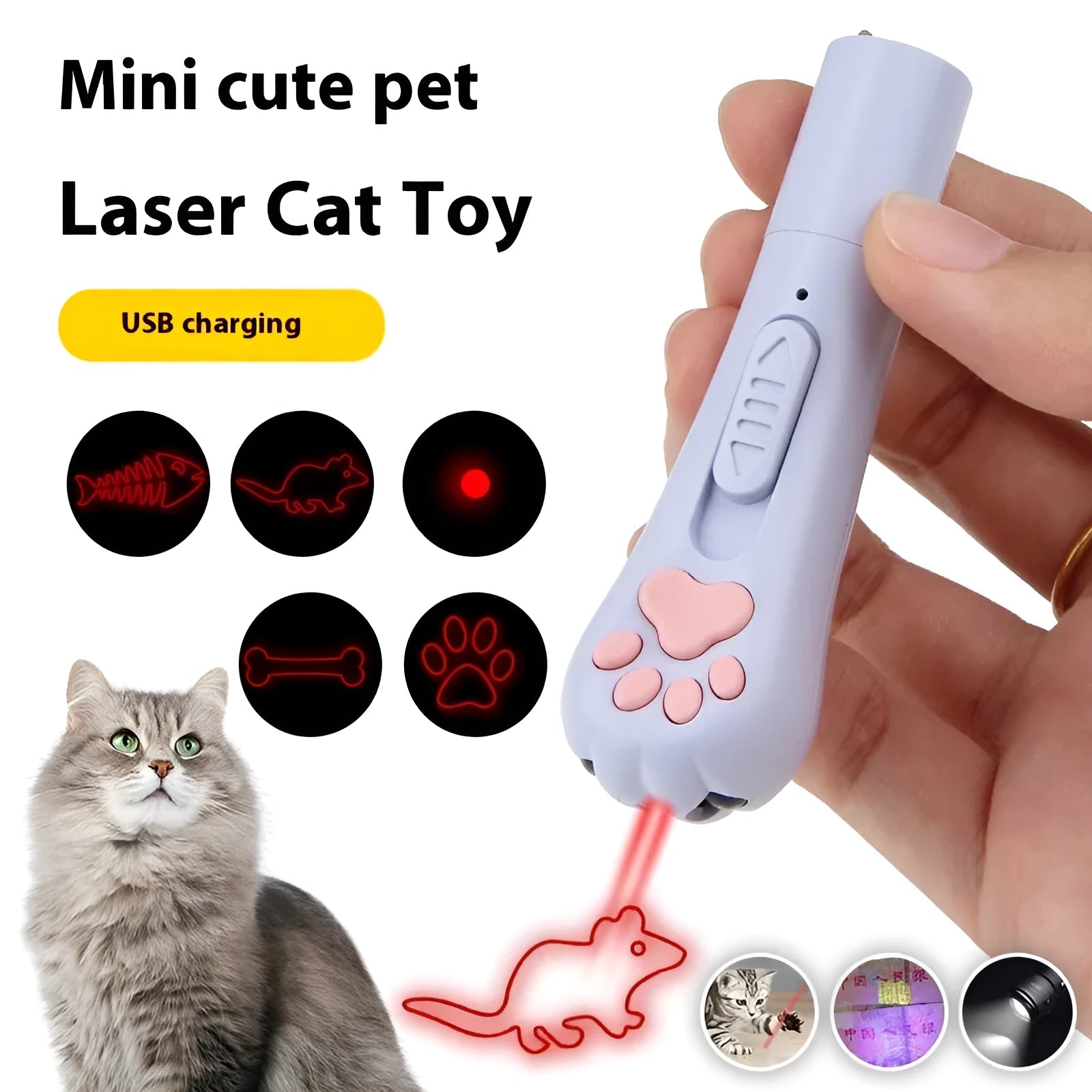Infrared laser cat teasing wand toy showing multiple pattern projection including mini footprints