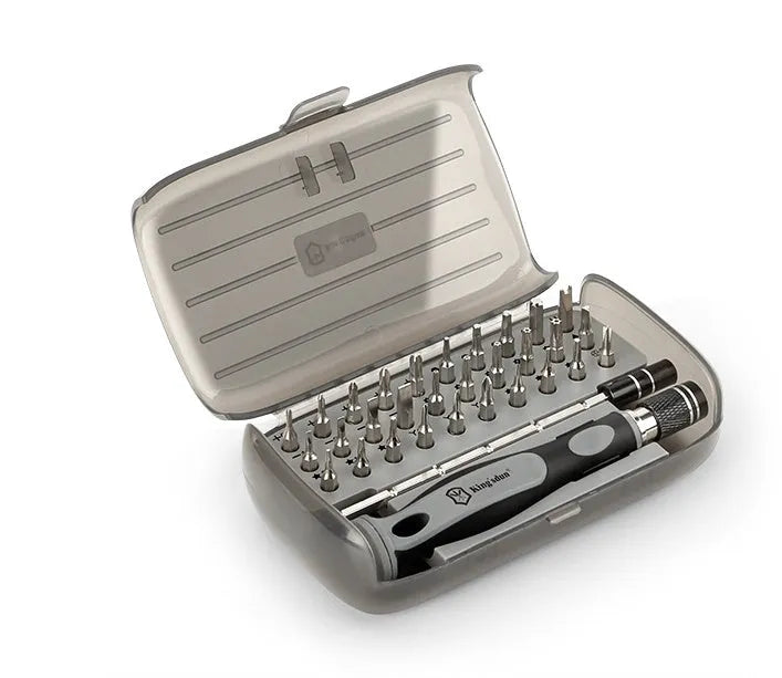 32-in-1 screwdriver set with bits stored in a black plastic case, showing the PP handle and CRV steel bits.