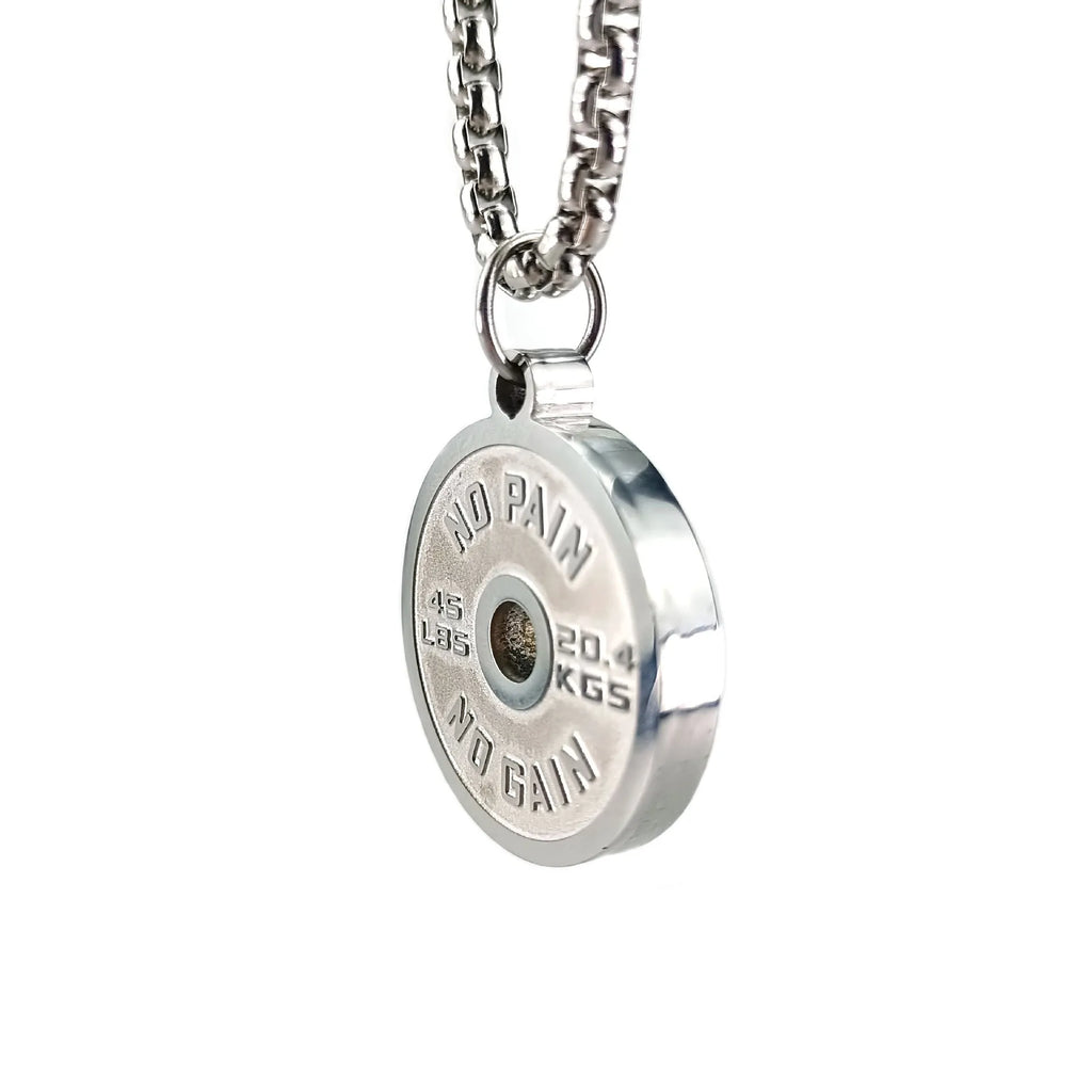 Stainless steel barbell disk necklace with geometric pendant on 60cm chain
