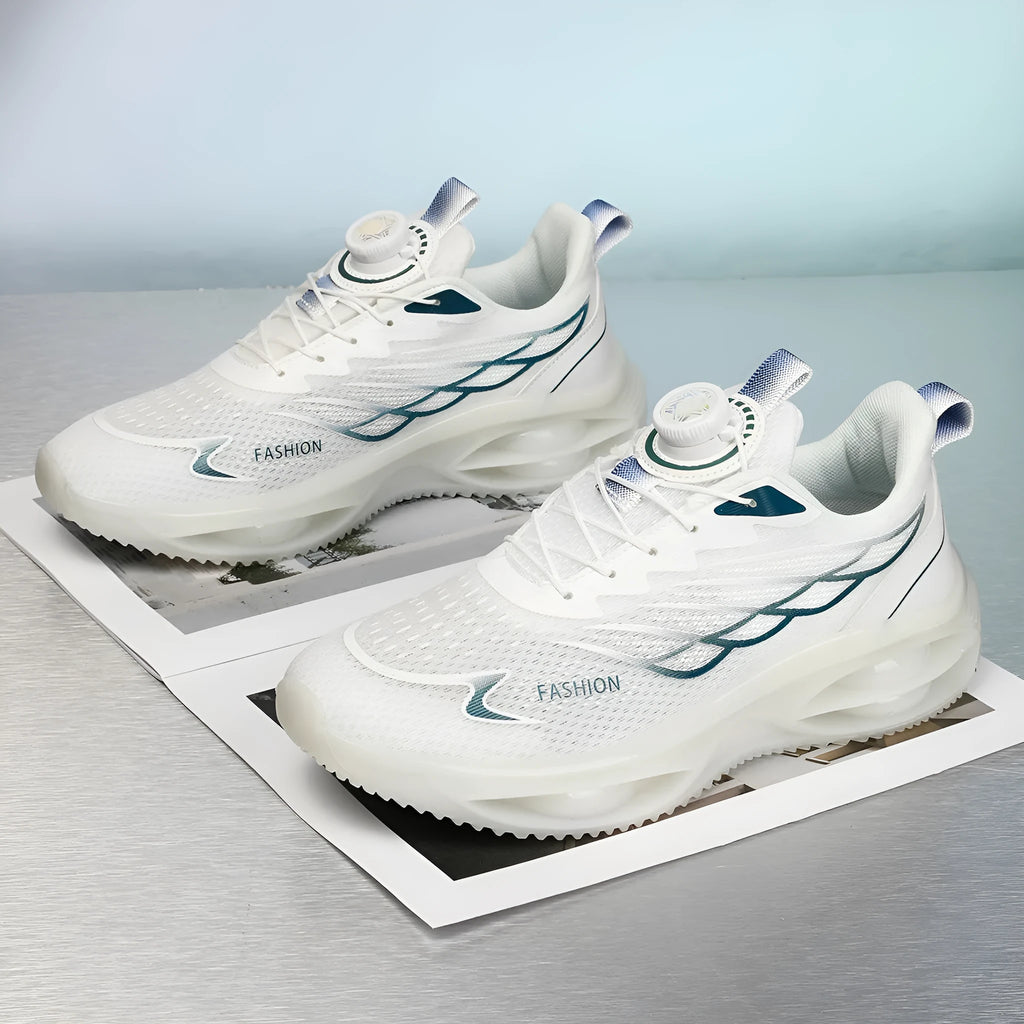 Casual running shoes in sky blue with mesh upper and rubber sole, shown in low-top round-toe design