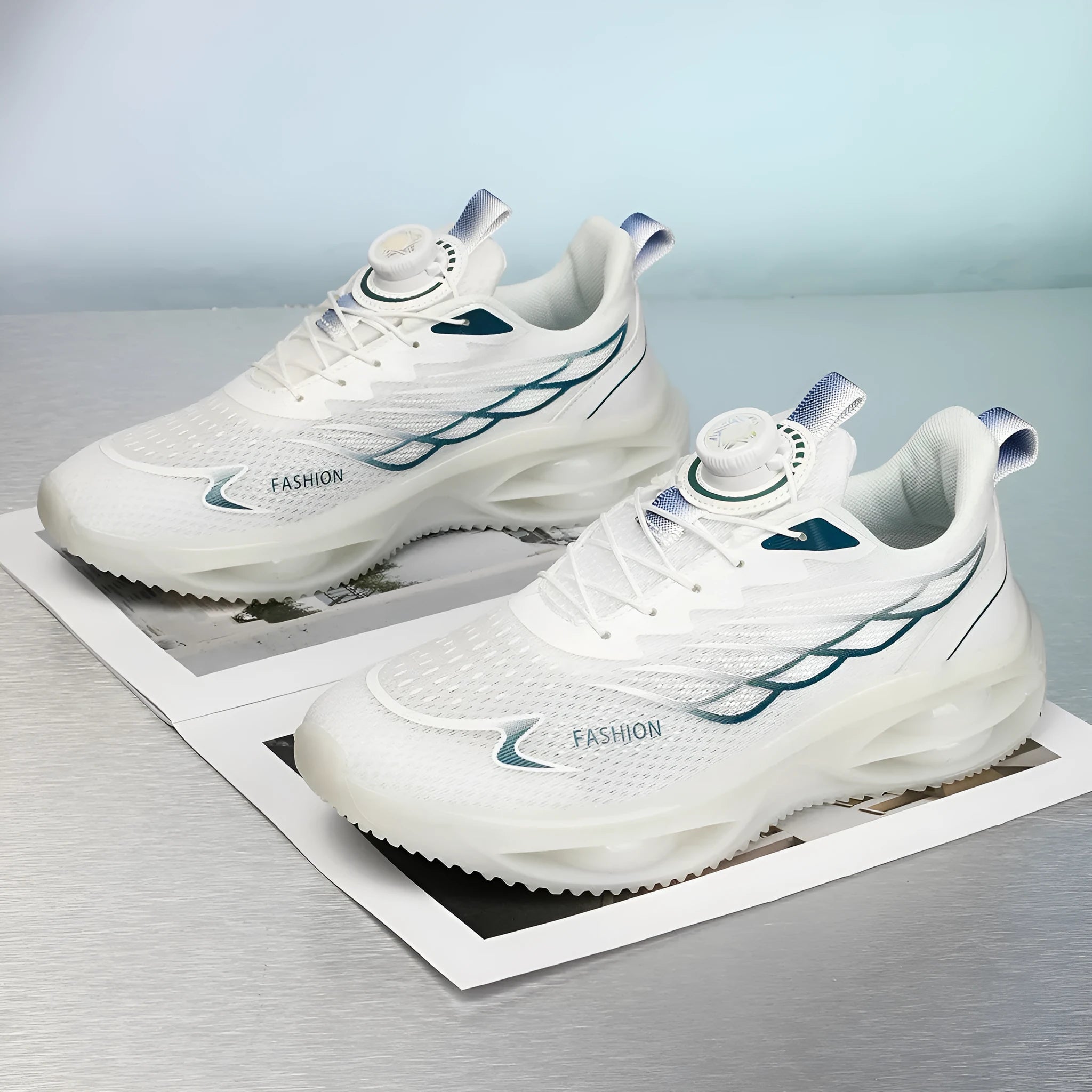 Casual running shoes in sky blue with mesh upper and rubber sole, shown in low-top round-toe design