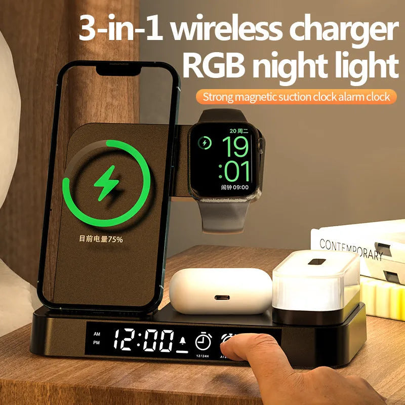 White 4-in-1 foldable wireless charging station showing phone on stand, Apple Watch dock, and glowing RGB night light.
