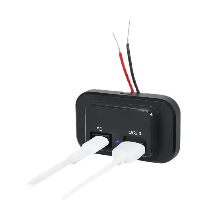 Black QC3.0 and PD fast car charger with TYPE-C port for 12V vehicles.