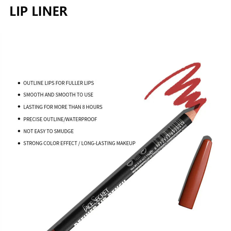 Matte lip liner pencil in a cosmetic case showing one of 14 wood tone shades from colour range 201 to 214