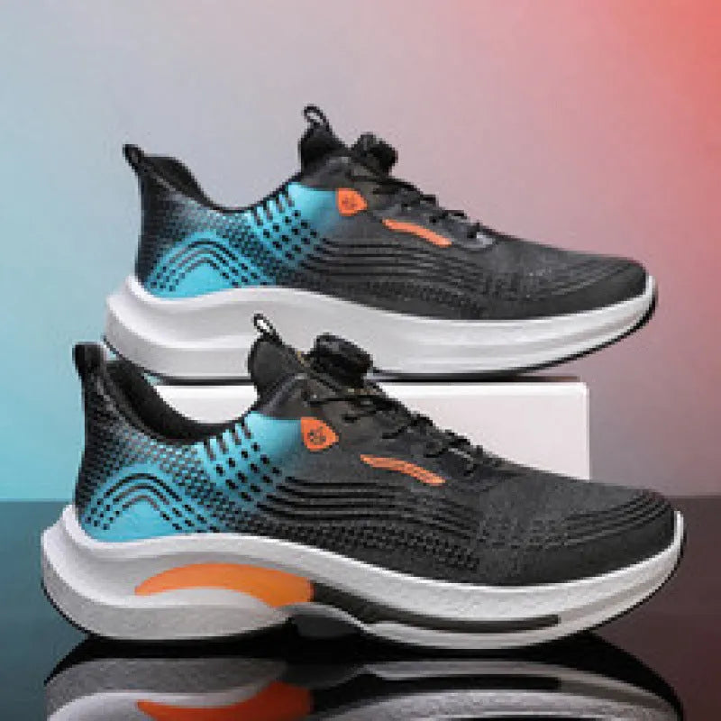 Men's low-top white and blue mesh sneakers with a rotating buckle closure and rubber sole.