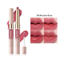 Double-headed lipstick and lip gloss in matte finish showing 10 different colour options