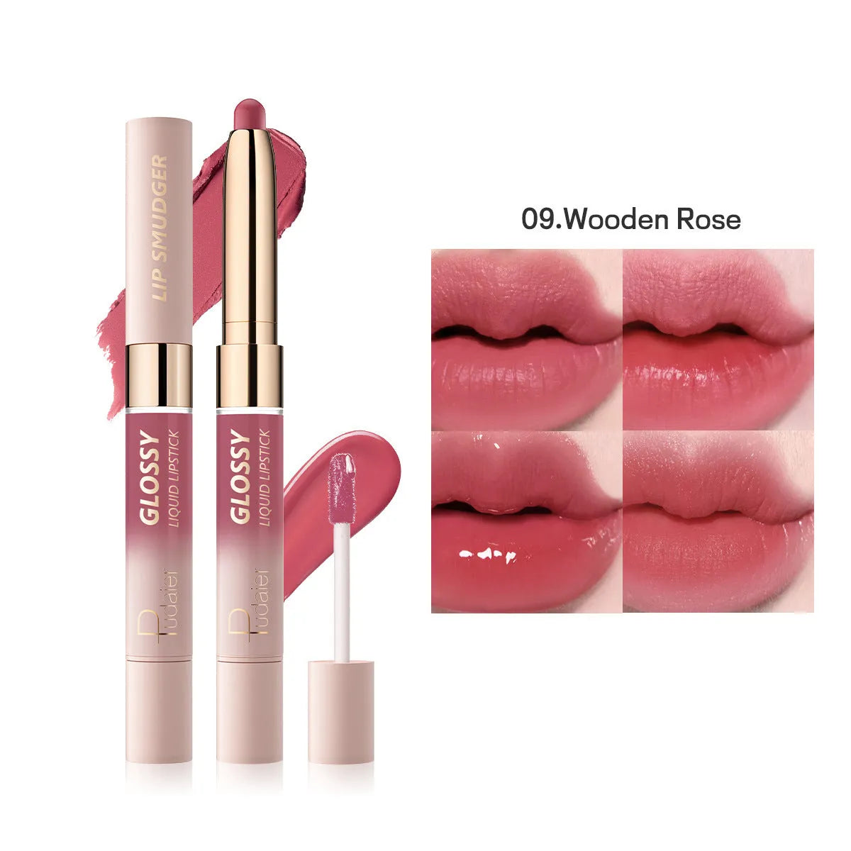 Double-headed lipstick and lip gloss in matte finish showing 10 different colour options
