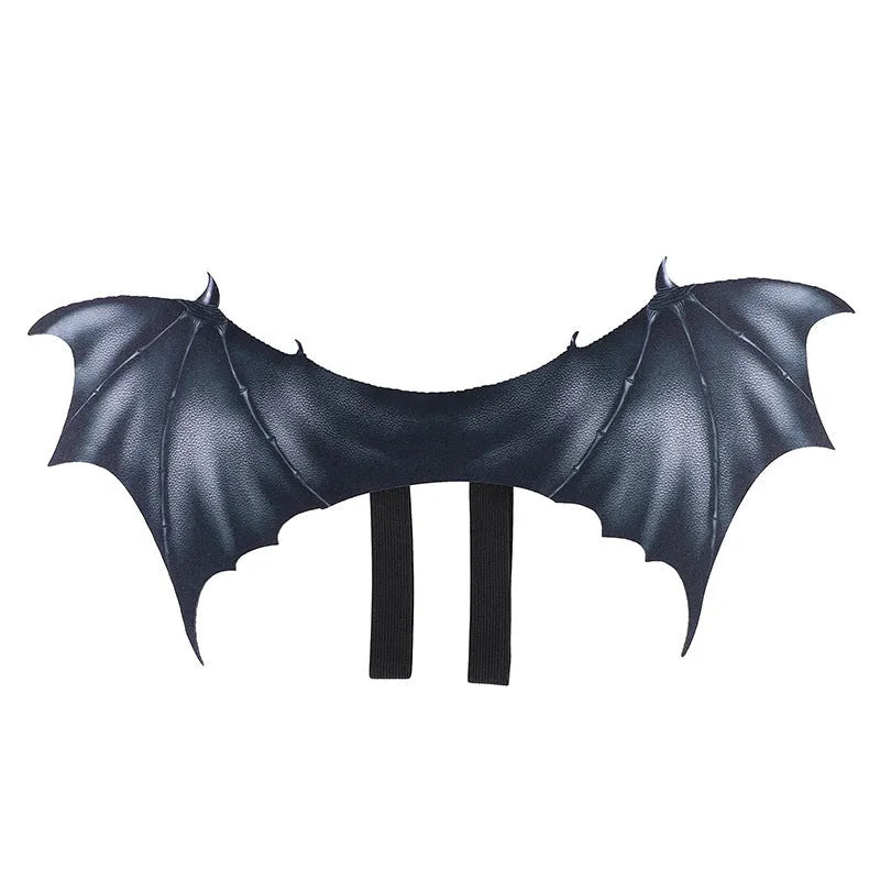 Black cloth Halloween bat wings for pets showing three size options: 64cm, 55cm, and 40cm wing spans
