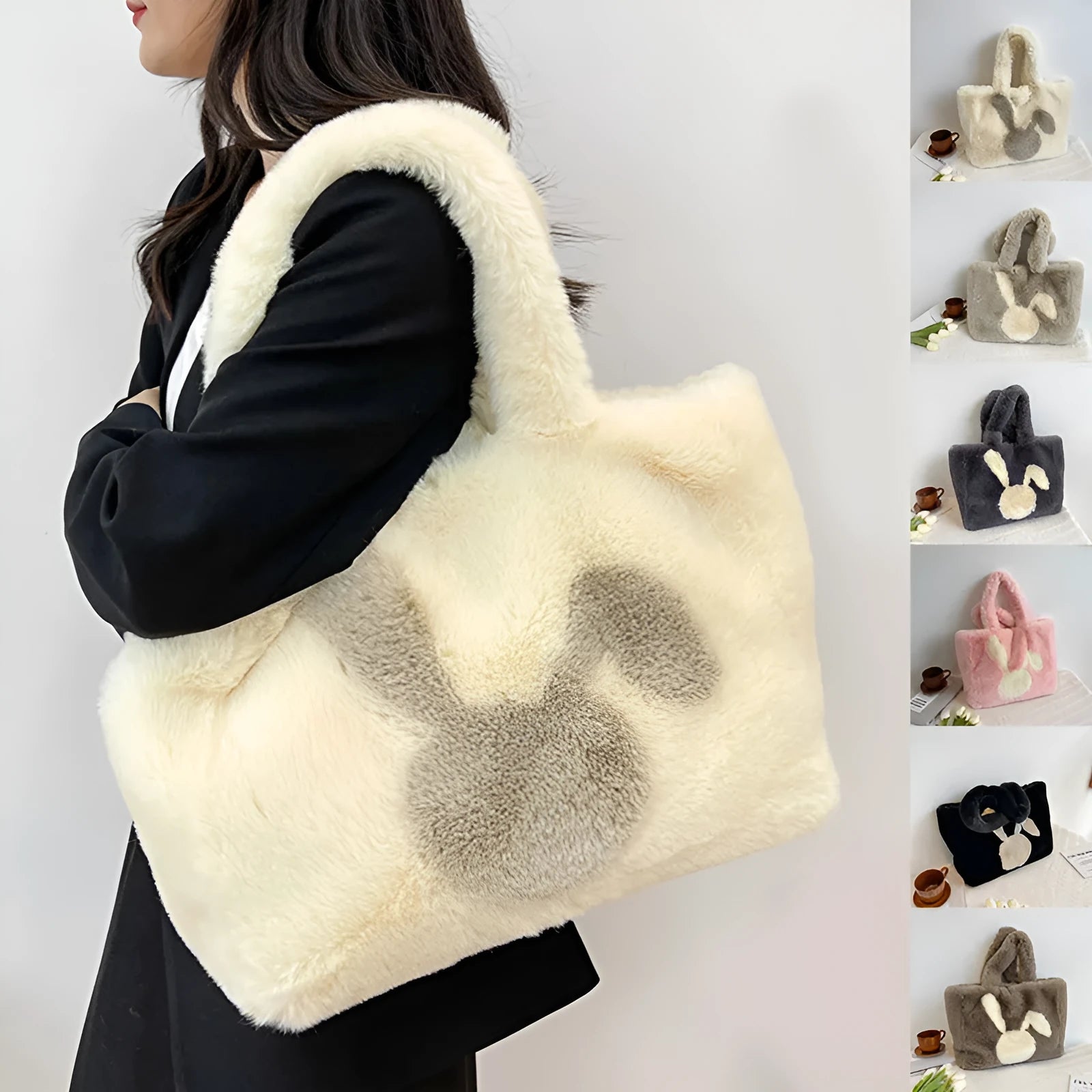 Cartoon rabbit ears plush shoulder tote bag in a solid colour with large capacity