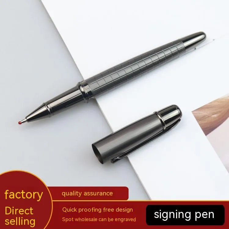 Grey metal roller pen with 13.5cm barrel and water-based ink refill