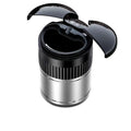 Automatic infrared sensing car ashtray in black metal with lid and charging cable.