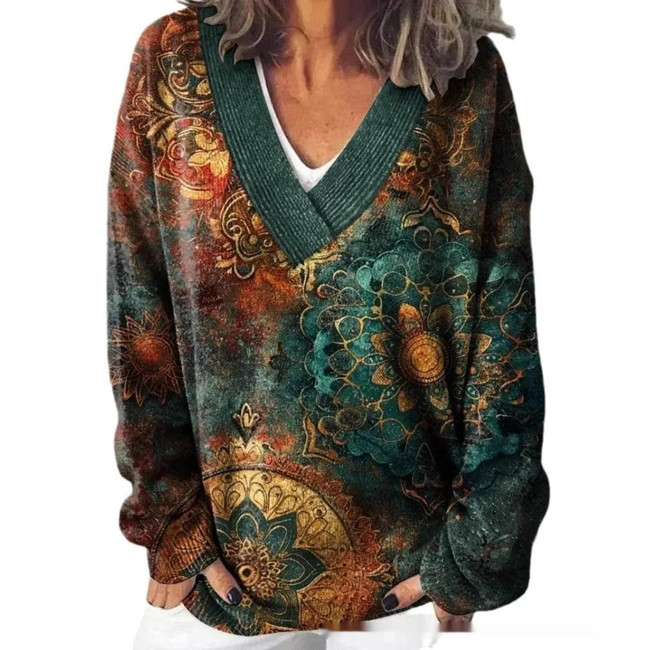Women's V-neck long sleeve sweatshirt with a 3D printed floral pattern in a retro art style