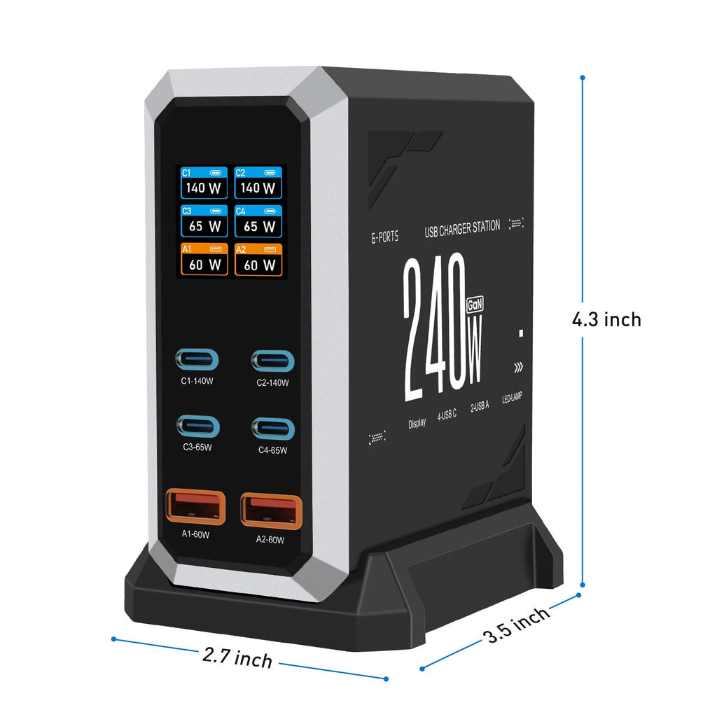 Multi-port USB charger 240W dynamic display black GaN fast charge with UK plug for multiple devices