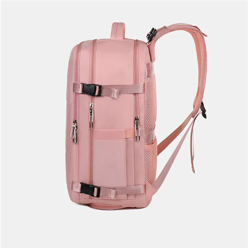 Large purple travel backpack with multiple compartments and air pillow shoulder straps