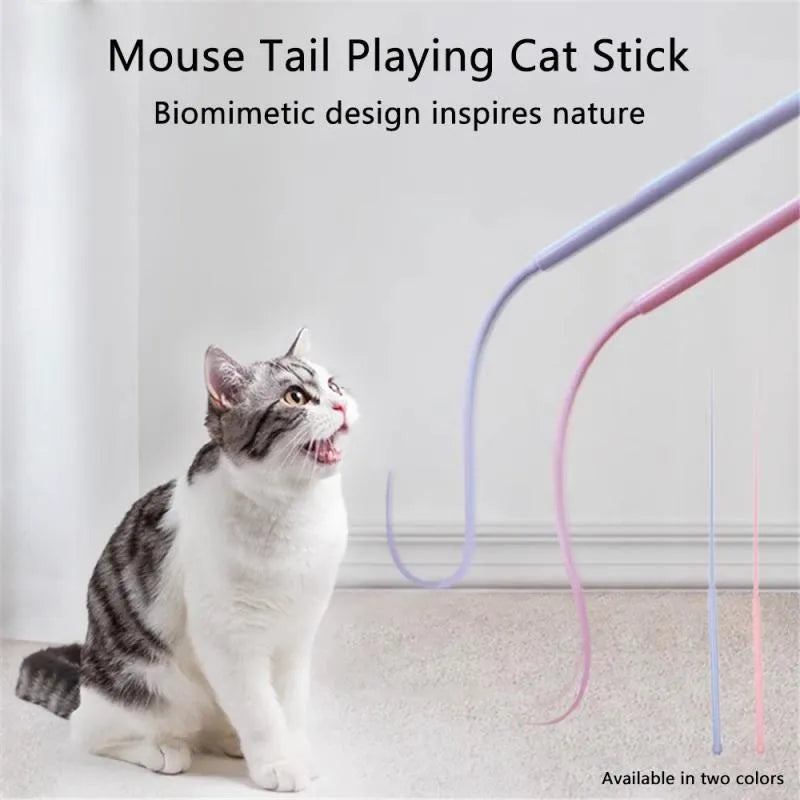 Blue simulated mouse tail cat toy with silicone tail and cat head design on teaser stick