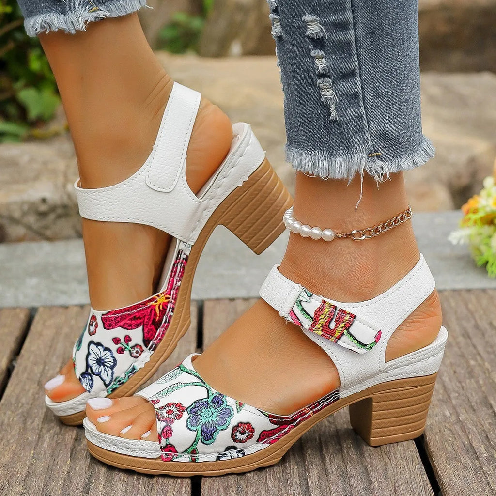 White women's high heel sandals with Velcro buckle fastening showing PU upper and rubber sole