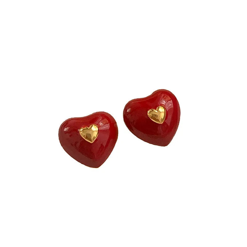 Vintage red heart-shaped copper earrings with oil dripping finish and 925 silver needle post
