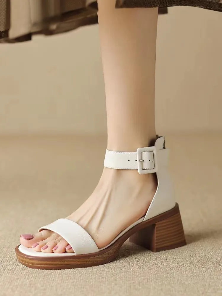Women's retro ankle-strap platform high heels in round-toe design, white and khaki colour options