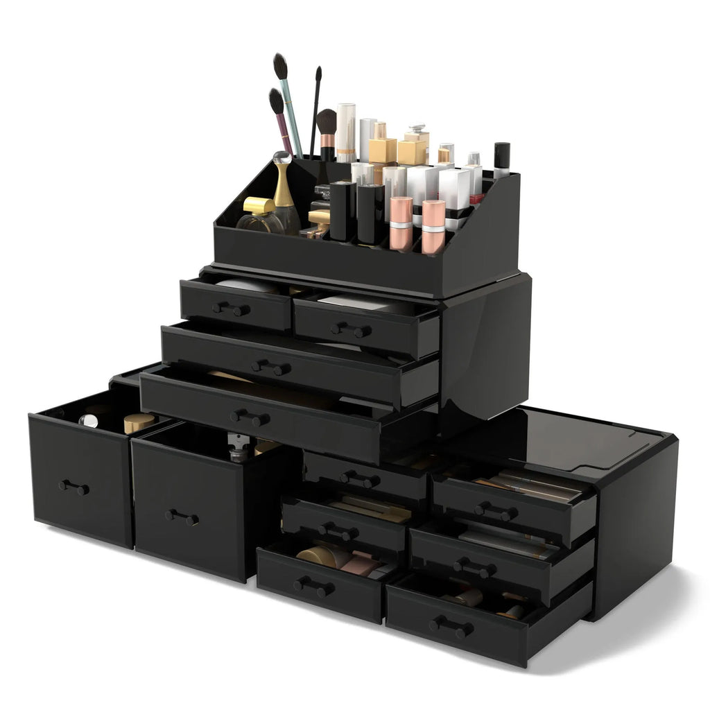 Acrylic three-layer cosmetics storage box in Nordic style, transparent finish on a vanity table